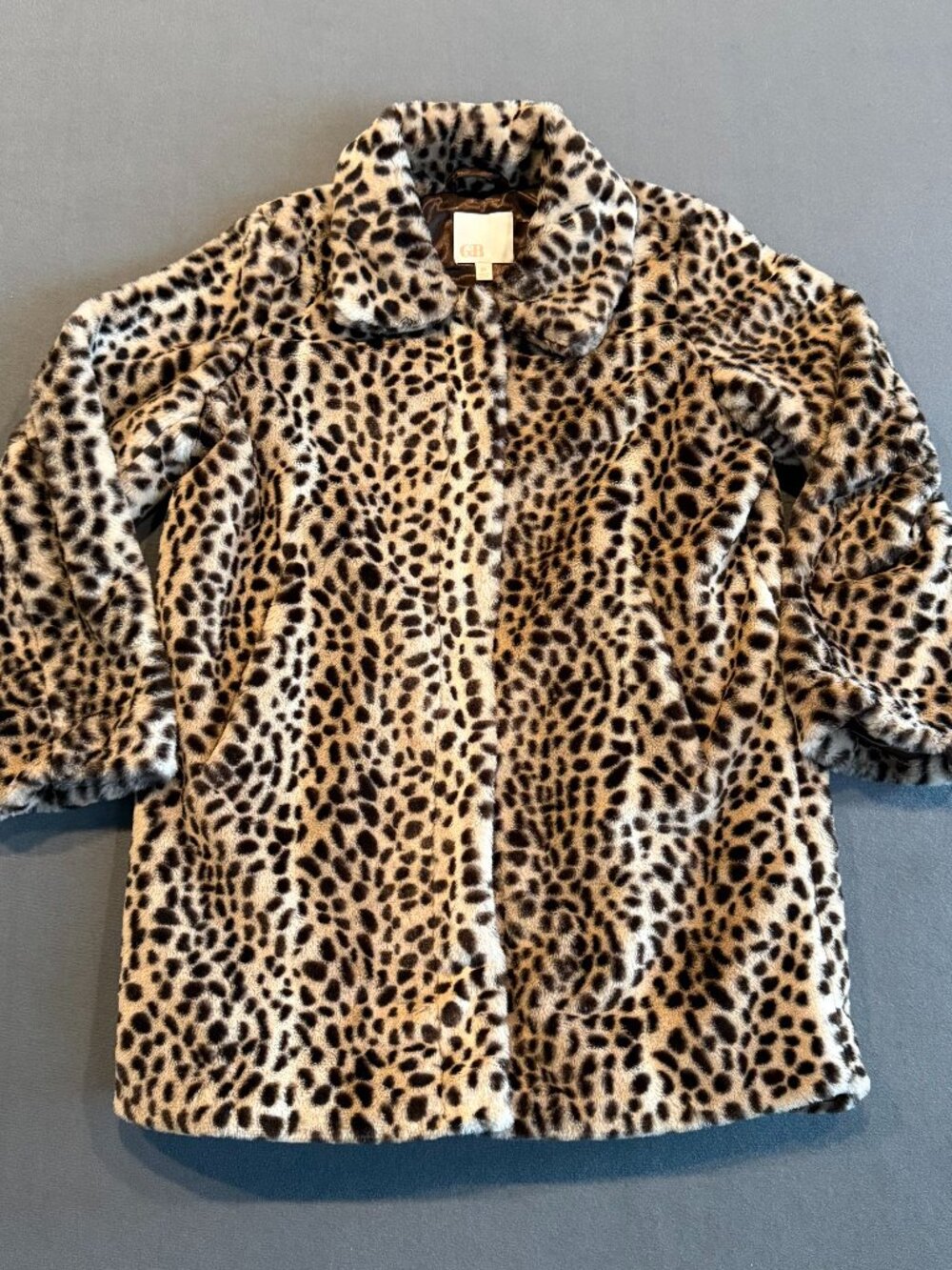 GB Leopard Print Faux Fur Coat Juniors XS Animal Print Statement Jacket